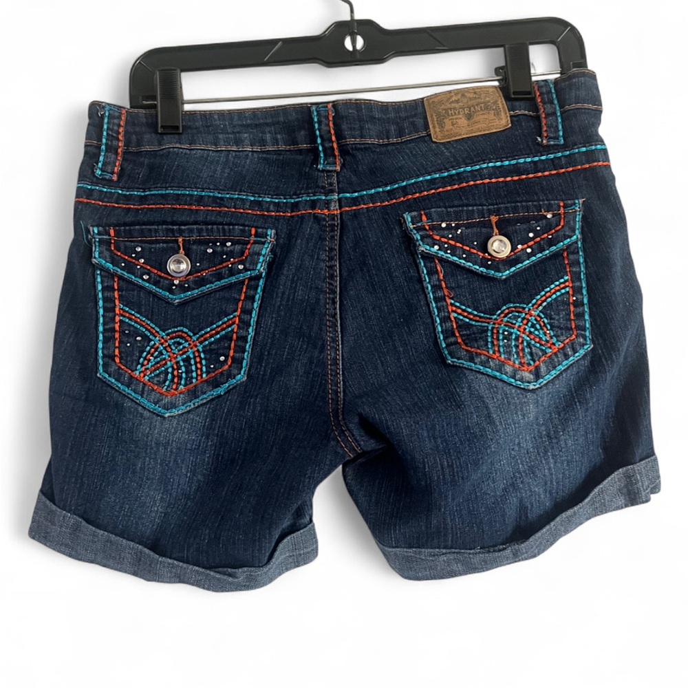 Women's Dark Blue Jean Shorts with Colorful Stitching